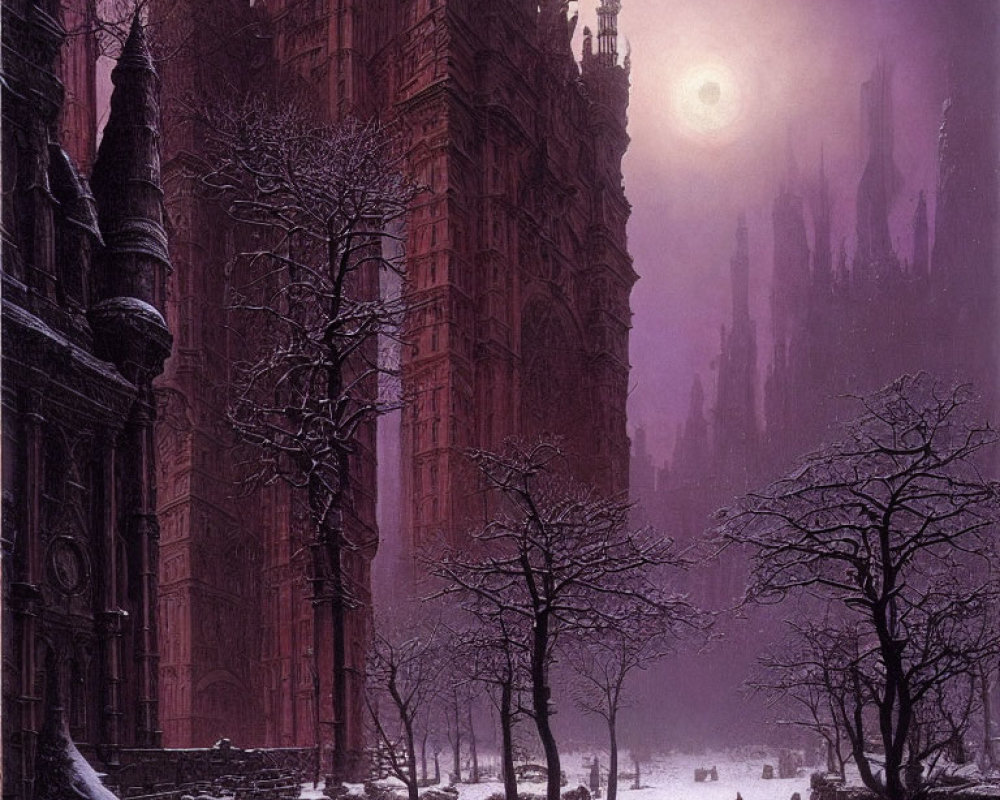 Gothic architectural scene with silhouetted figures and snow-covered ground