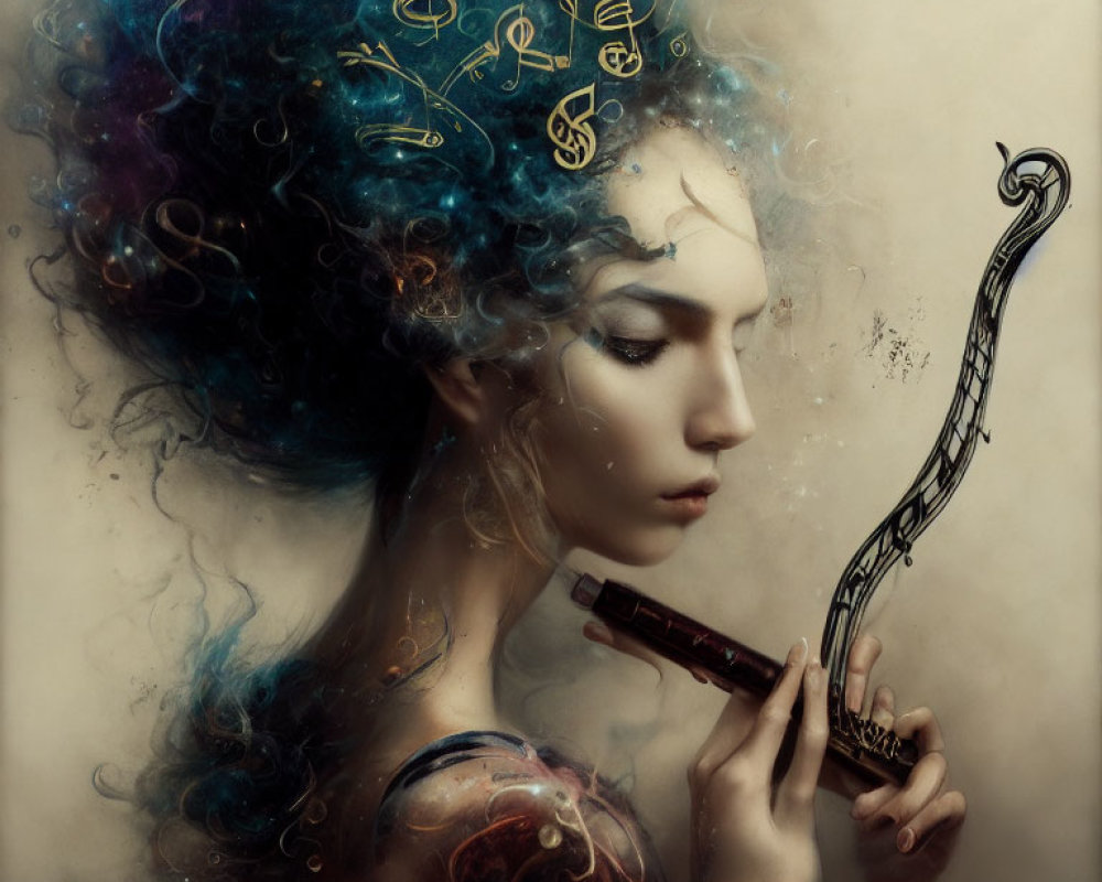 Artistic depiction of woman playing flute with musical hair swirls.