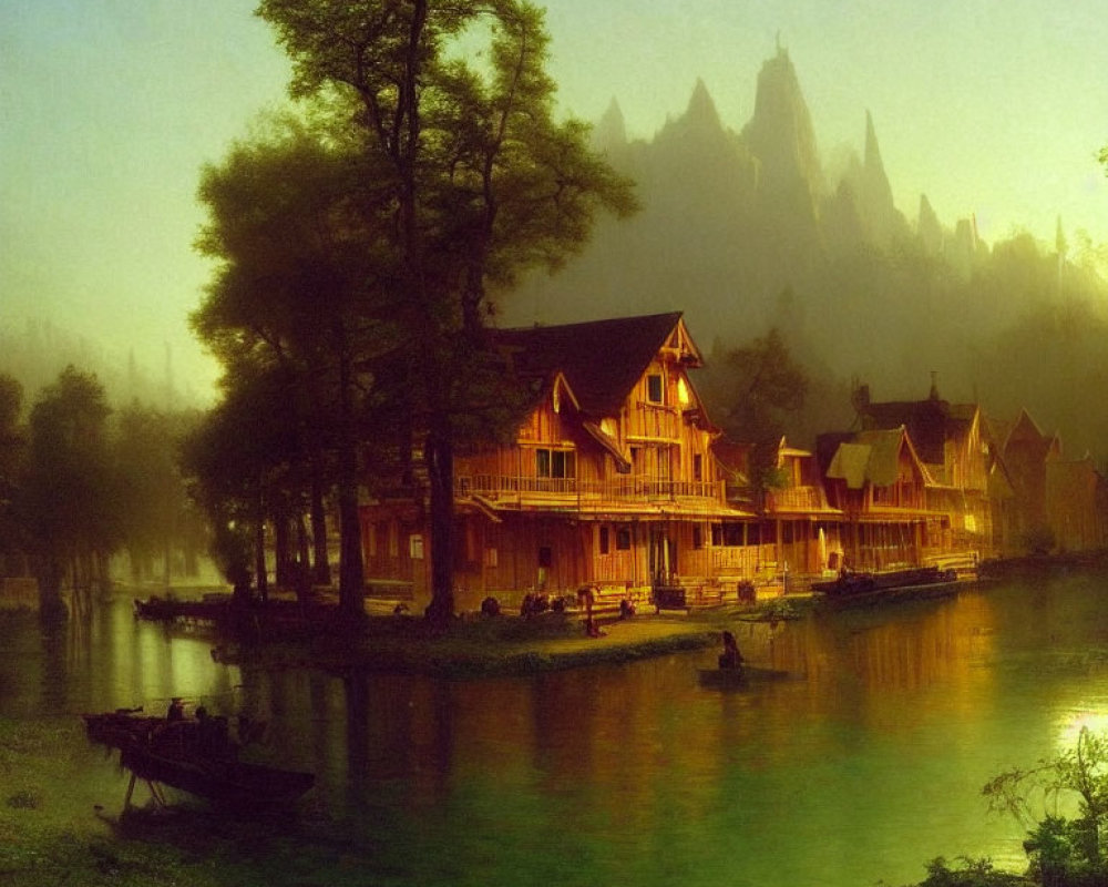 Wooden houses on serene island in golden light