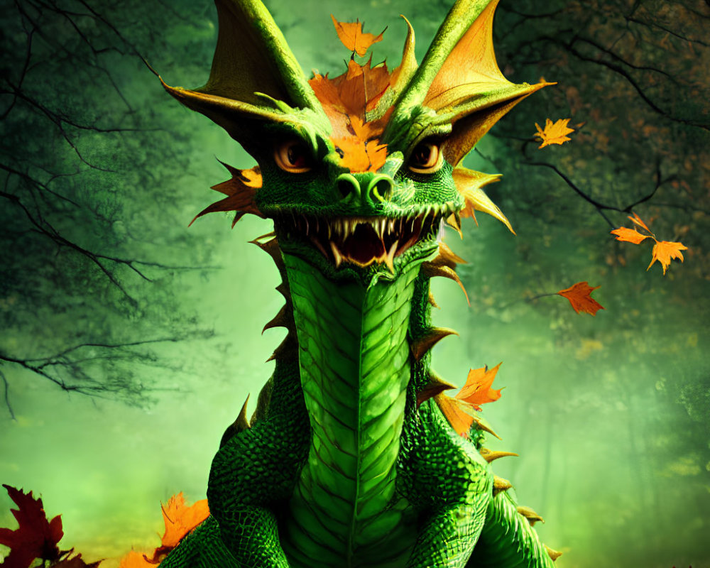 Green dragon with yellow eyes and horns in autumn forest scene