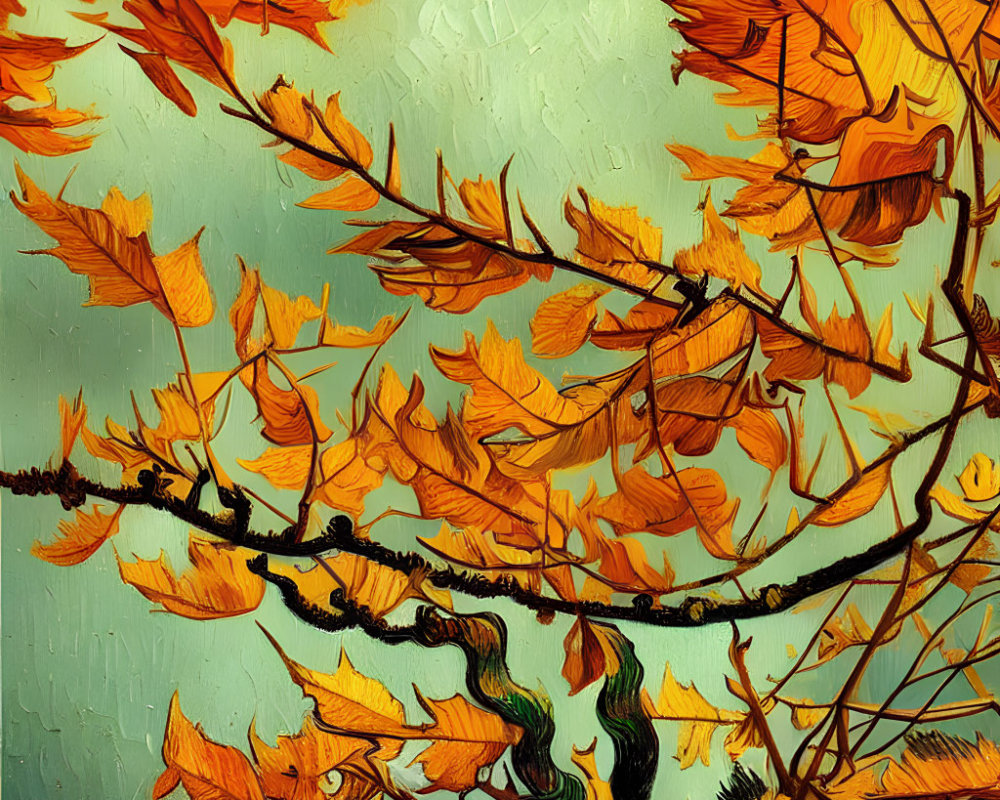 Colorful Autumn Leaves on Branches with Green and Yellow Background