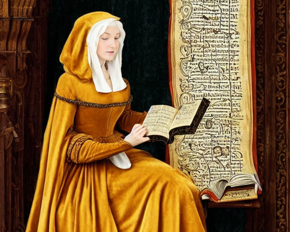 Medieval woman reading book with ancient texts and musical notations in background