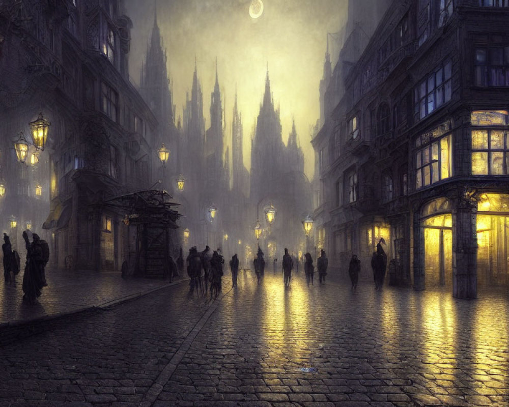 Twilight scene: Misty cobblestone street with Gothic cathedral.