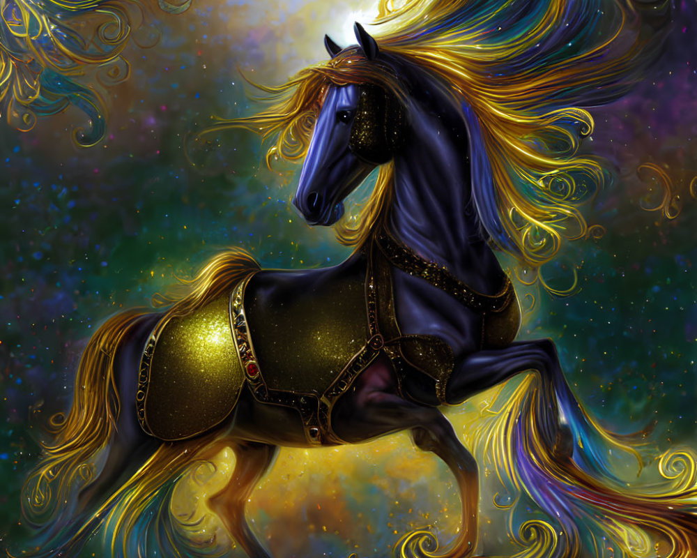 Shimmering Blue Animated Horse on Cosmic Background