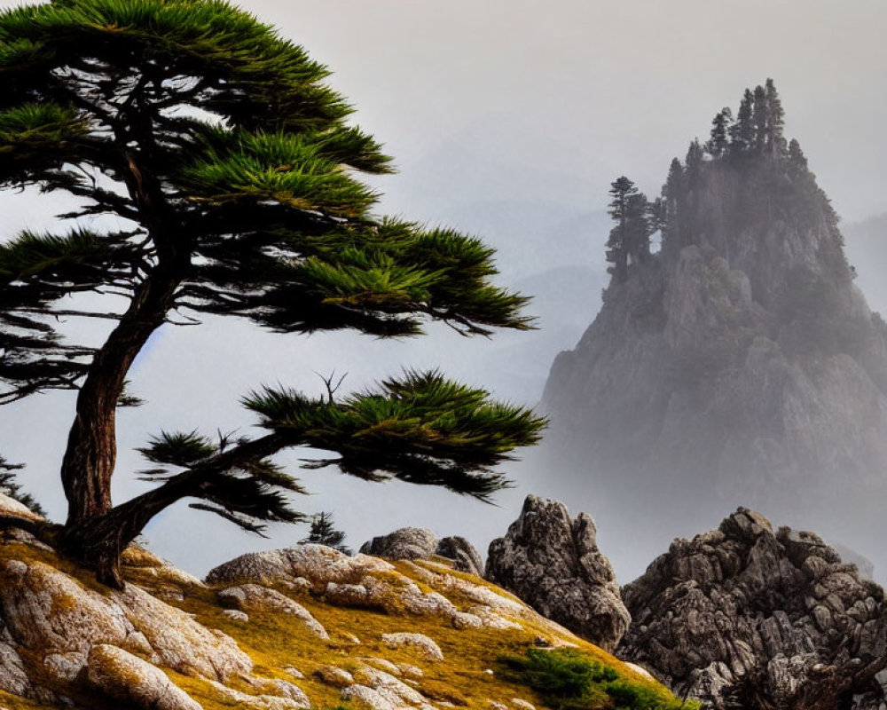 Foggy landscape with pine tree and rocky peaks