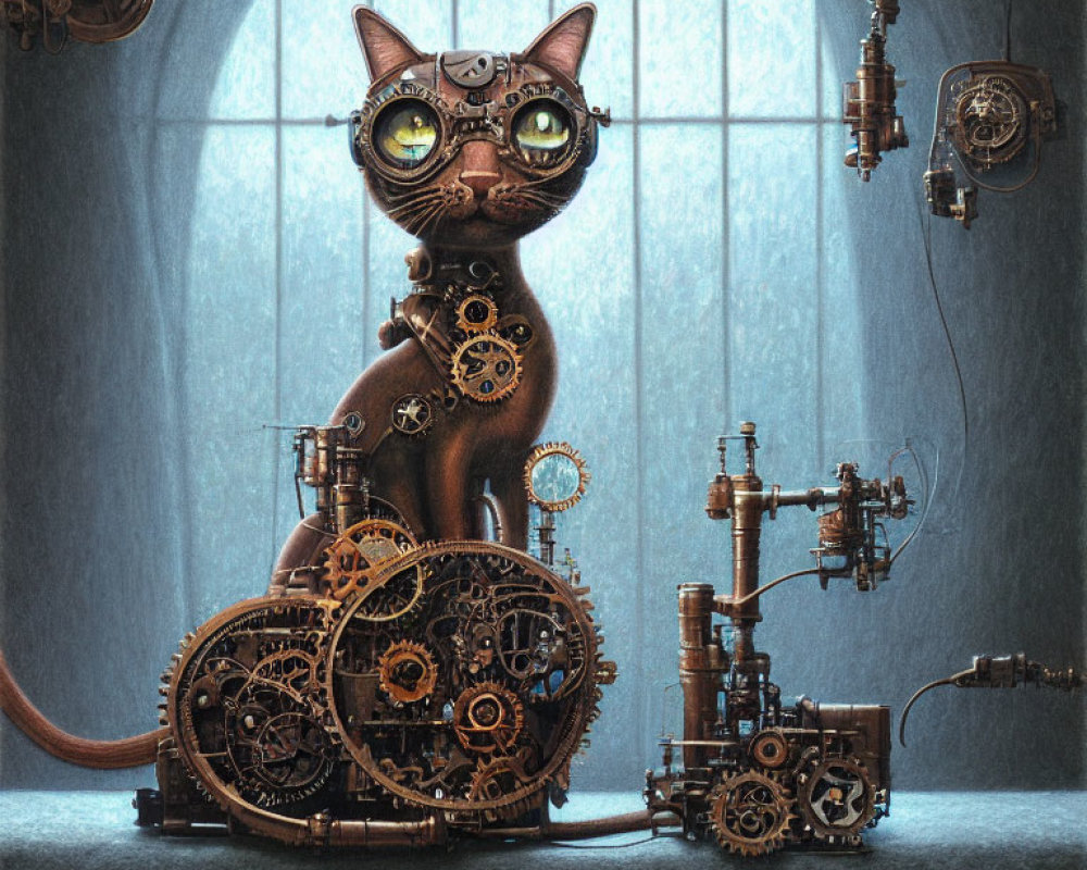 Robotic cat artwork with steampunk theme and industrial setting