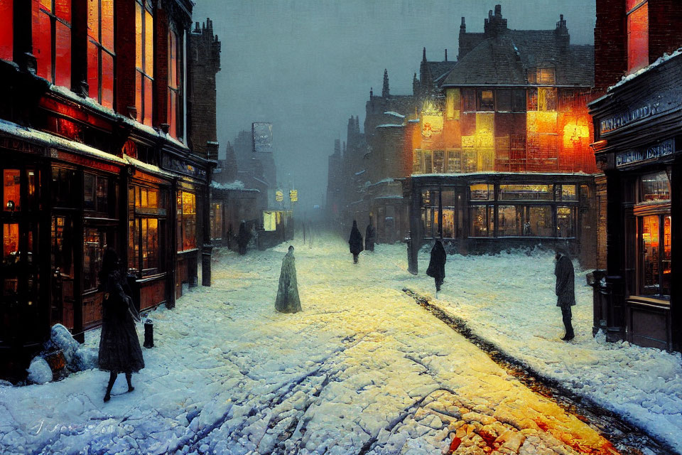 Snowy evening street scene with vintage buildings, tram, and pedestrians.