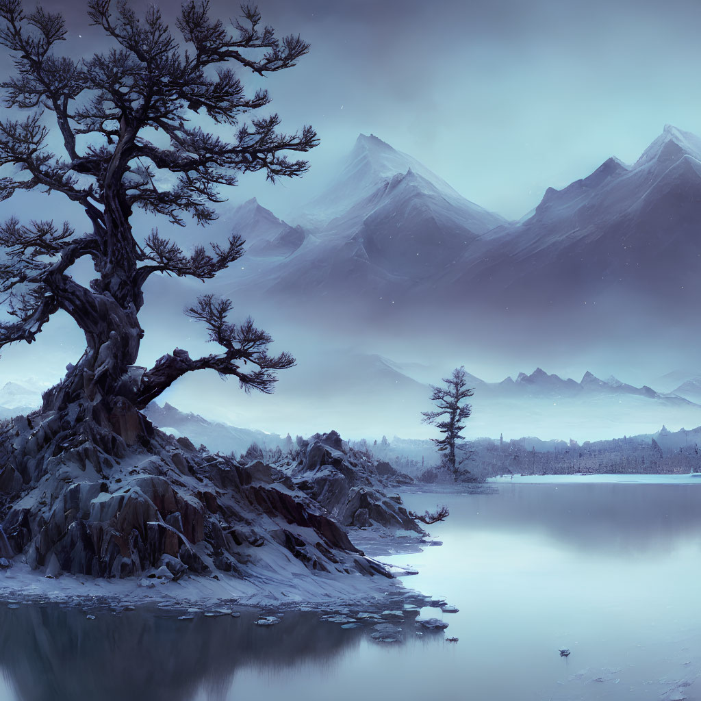 Twisted tree in serene winter landscape at dusk