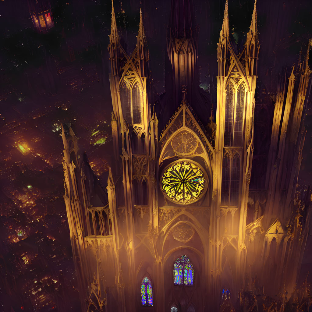 Gothic cathedral with illuminated windows in cosmic backdrop