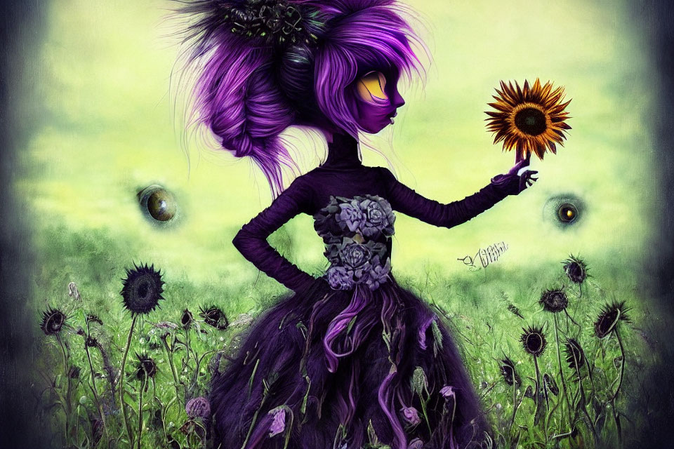 Whimsical character with purple skin and hair holding a sunflower in a green field