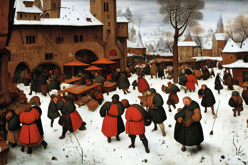 Vibrant winter village square with townsfolk in colorful garments