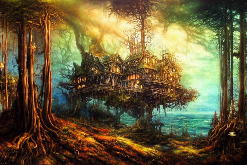 Ethereal painting of treehouse in mystical forest light