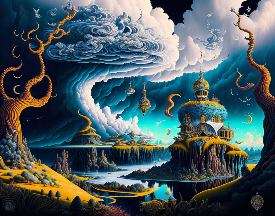 Fantastical landscape with floating islands and ornate buildings