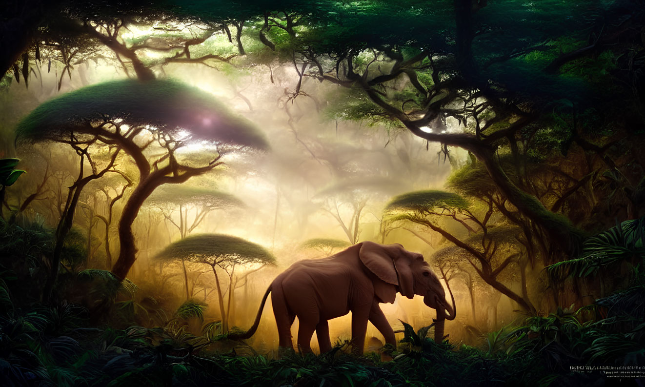 Elephant in serene forest setting with lush green foliage