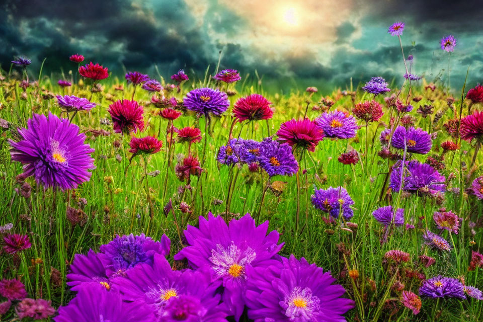 Colorful Wildflowers Blooming Under Dramatic Sky