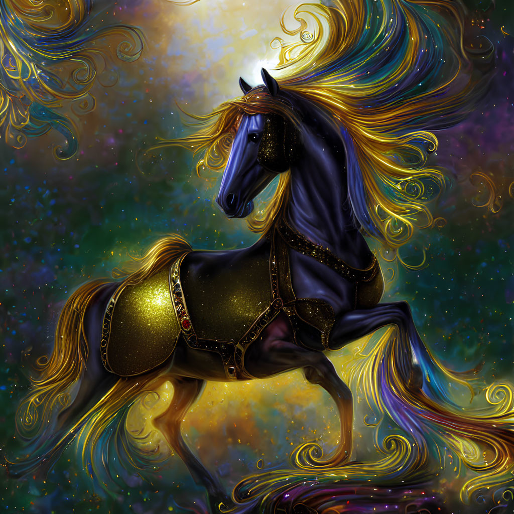 Shimmering Blue Animated Horse on Cosmic Background