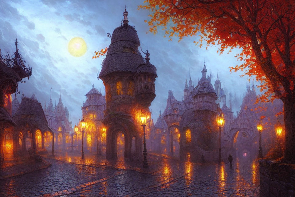 Twilight fantasy cityscape with gothic architecture and autumn tree