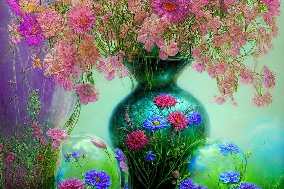 Pink and Purple Flowers in Teal Vase with Green Orbs on Ethereal Background