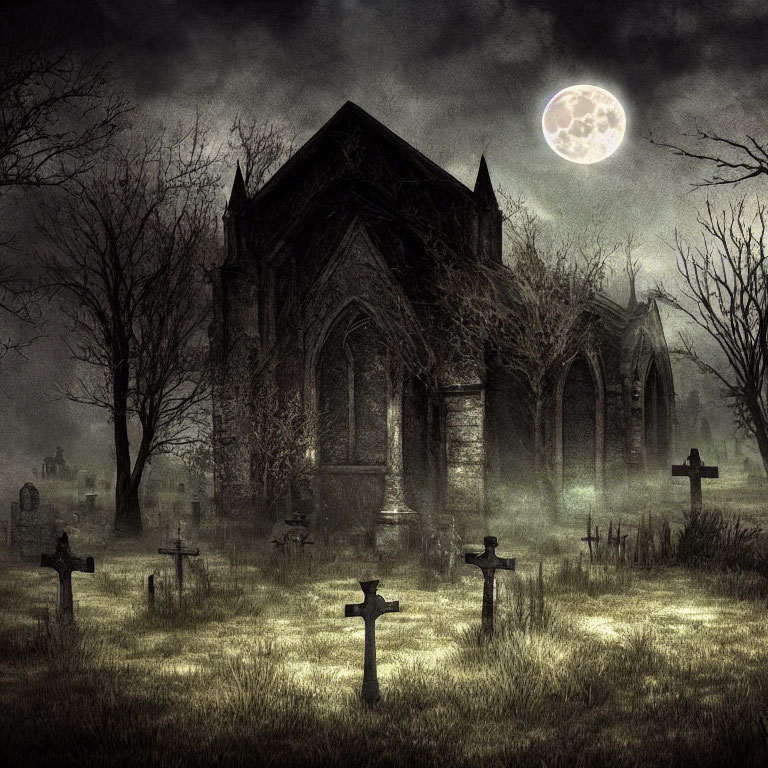 Gothic church in graveyard under full moon with eerie lighting