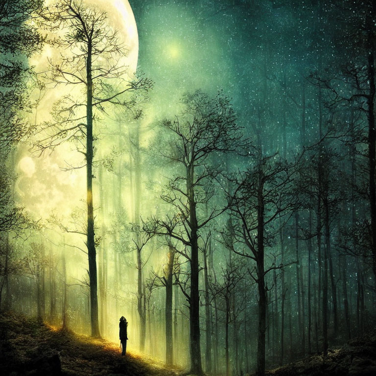 Person standing in mystical forest at night with lantern, towering trees, starry sky, and large moon