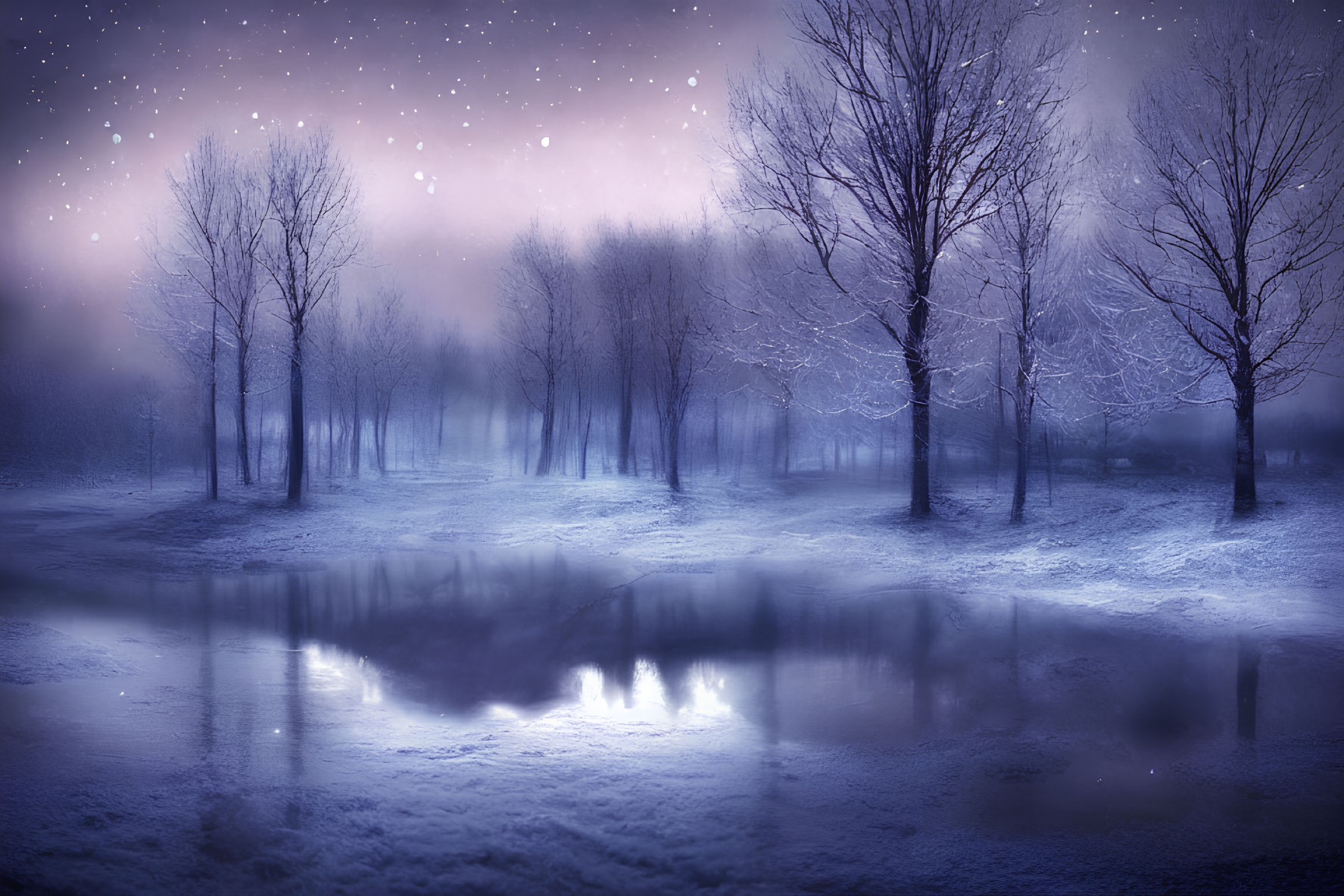 Snowy twilight landscape with bare trees reflecting in water under starry sky