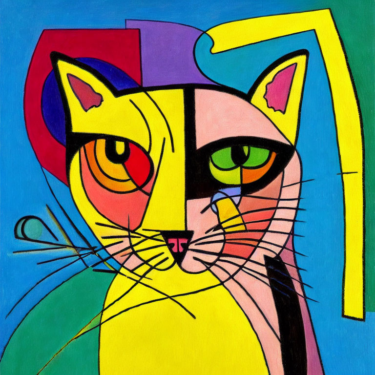 Vibrant Cubist Cat Painting with Geometric Shapes on Blue Background