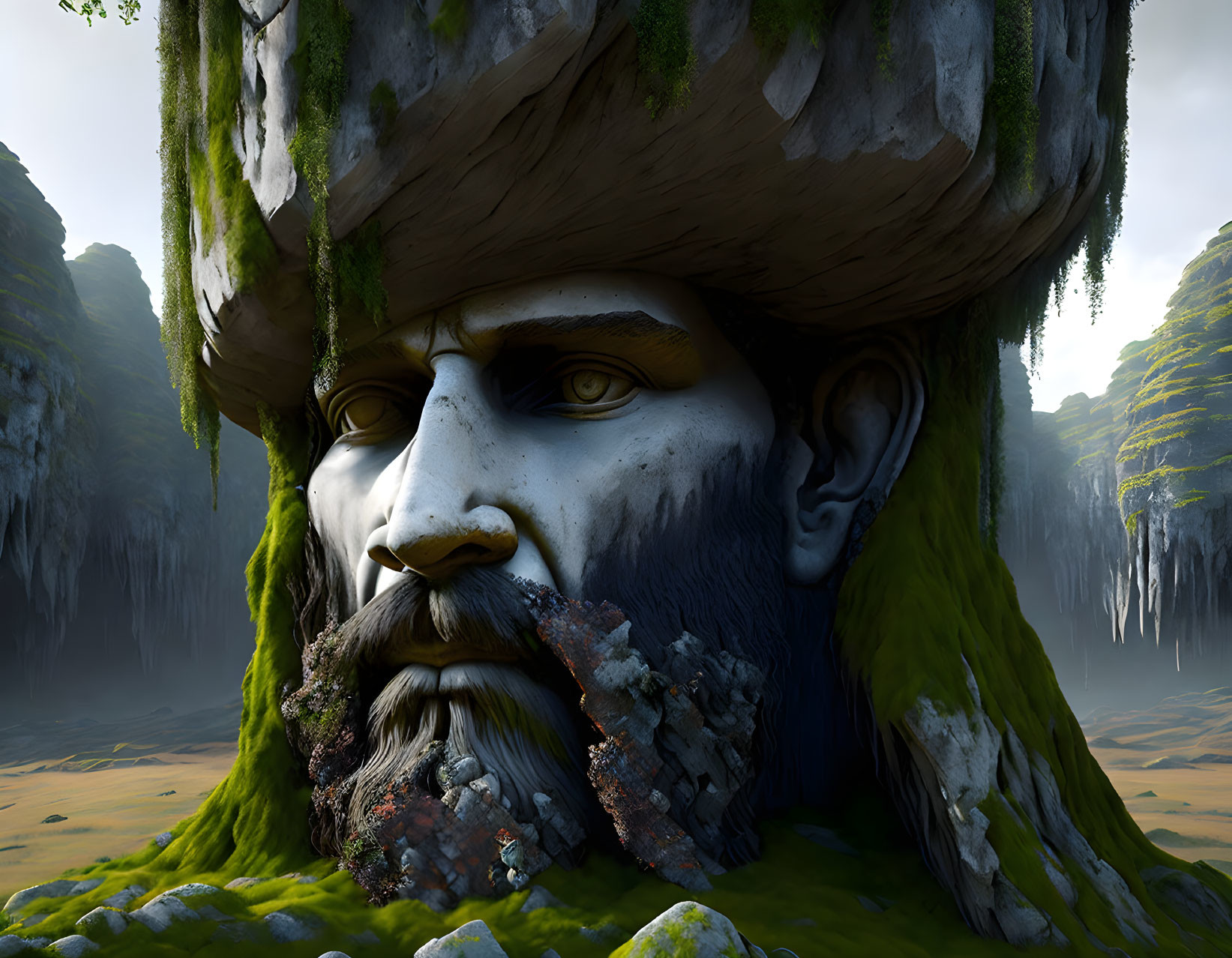 Giant Stone Face with Moss Beard in Mountain Landscape