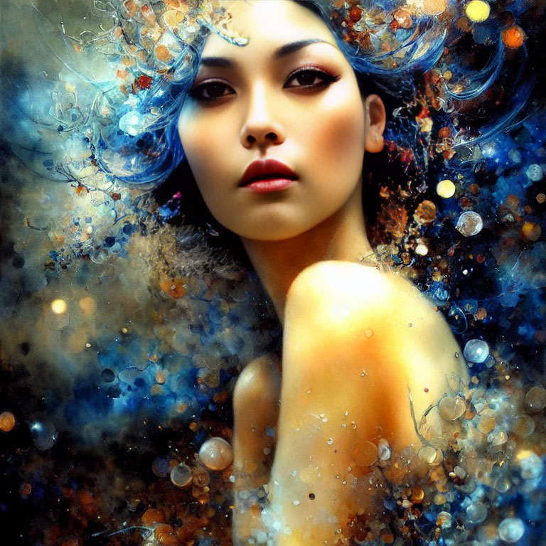 Abstract portrait of woman with swirling blue and brown elements