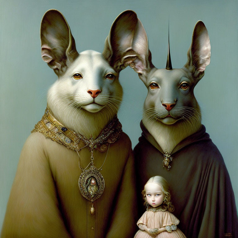 Regal attire anthropomorphic rabbits with human child pendant