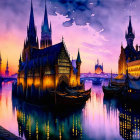 Gothic cityscape fantasy artwork with illuminated windows and purple-orange sky