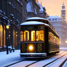 Vintage tram with warm lights in snowy old-town street at dusk