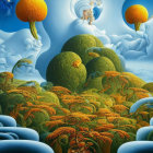 Surreal landscape featuring rolling hills, citrus-like fruits, red flowers, reflective water, and floating