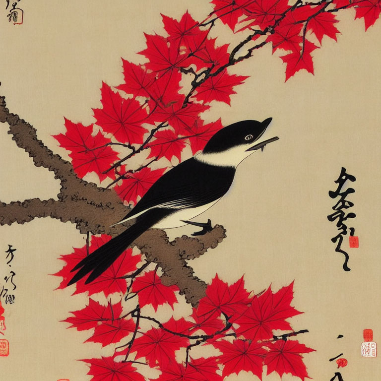 Traditional Asian Style Painting: Black and White Bird, Red Maple Leaves, Asian Calligraphy