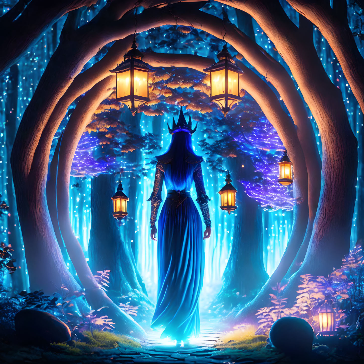 Mystical figure in blue dress under archway in enchanted forest