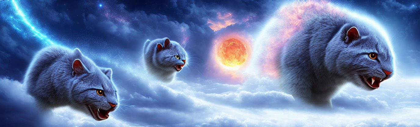 Vibrant cosmic scene with stylized 3D cat heads and fiery sun against dramatic backdrop