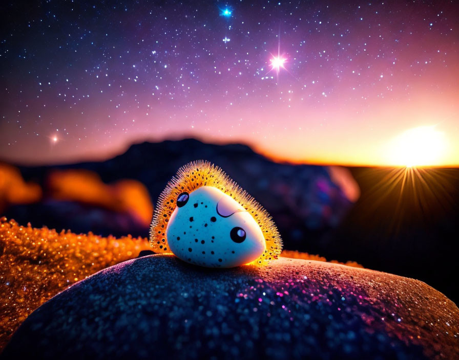 Colorful Hedgehog-like Toy on Rock Under Starry Sky with Sunset Glow