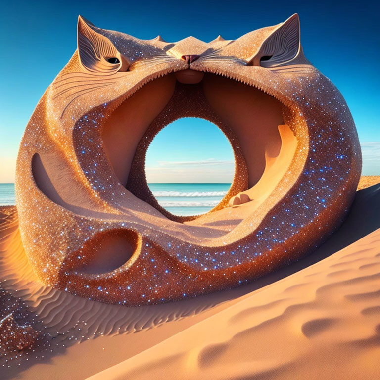 Cat-shaped Ring with Starry Interior on Beach Shore