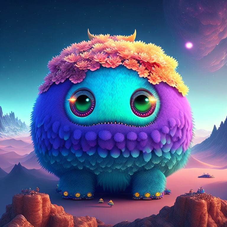 Colorful fluffy creature with green eyes, flower crown, and small companions in twilight mountain scene