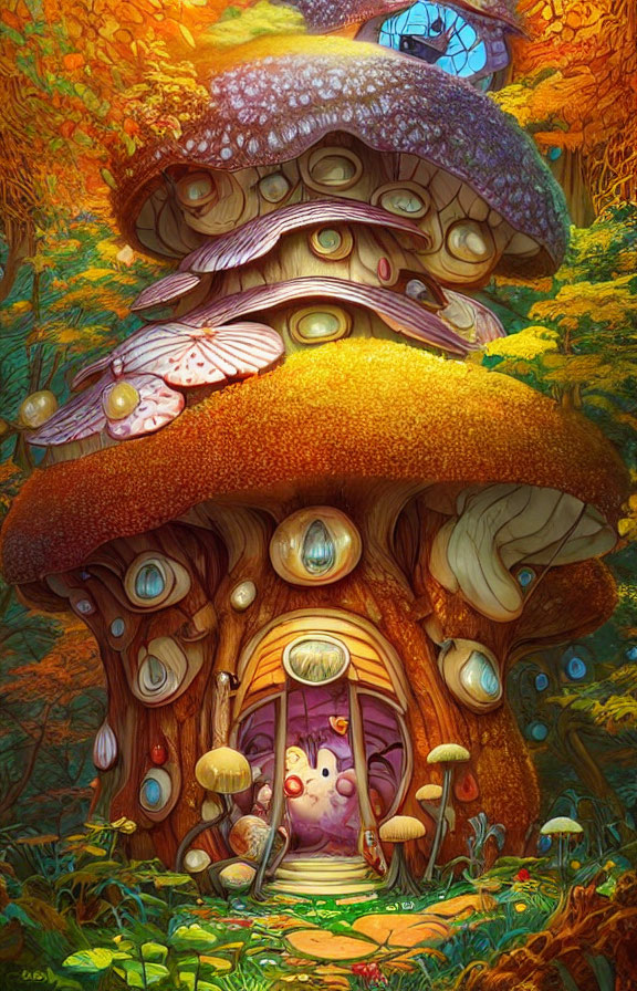 Colorful Mushroom-Shaped House Illustration in Enchanted Forest