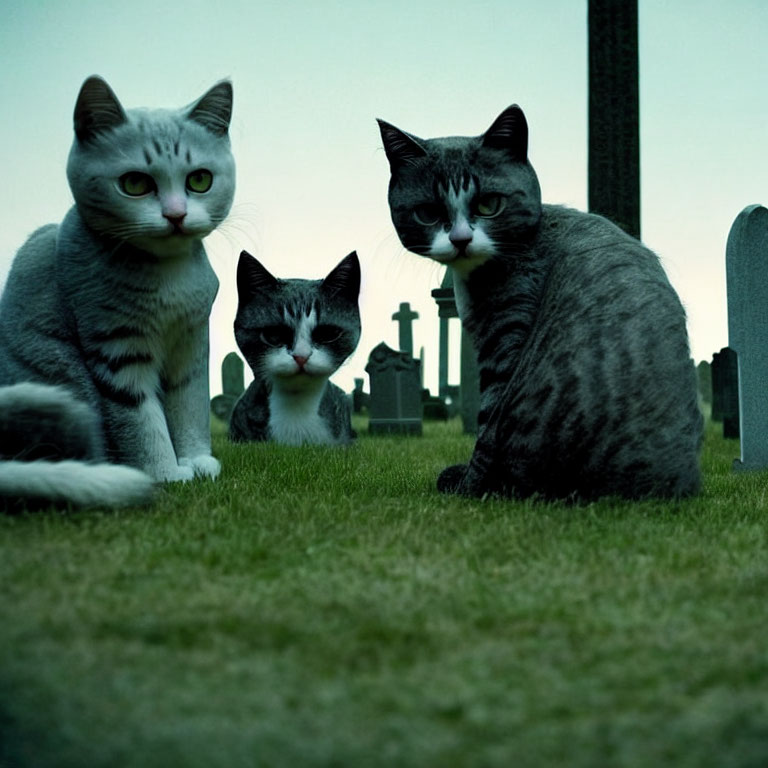 Three cats with human-like faces in graveyard at dusk