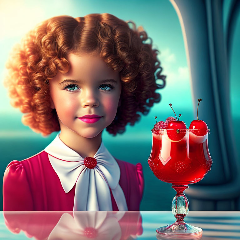 Curly Red-Haired Girl Smiling with Drink on Teal Background