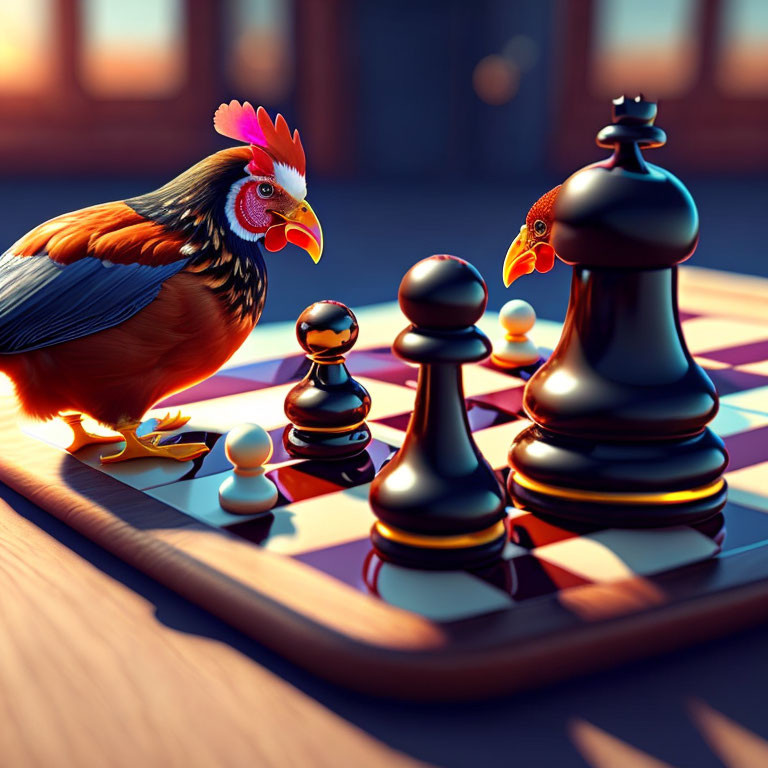 Stylized chicken playing chess under warm light