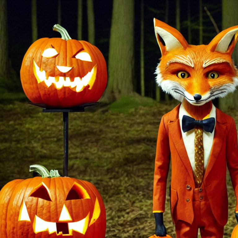 Person in Fox Costume with Suit Among Lit Jack-o'-lanterns in Nighttime Forest