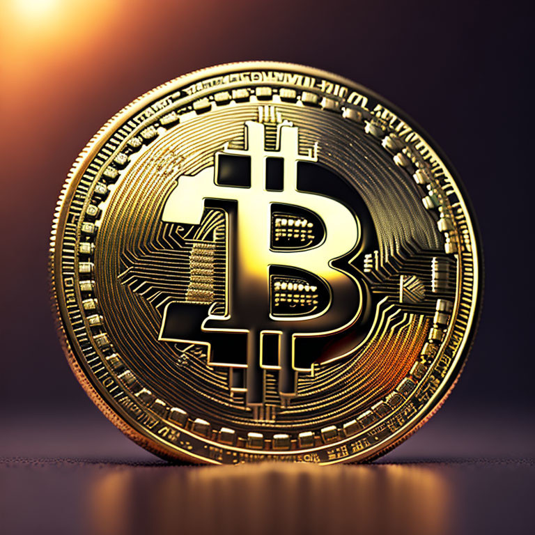 Shiny Gold Bitcoin Coin on Purple-Orange Gradient Background