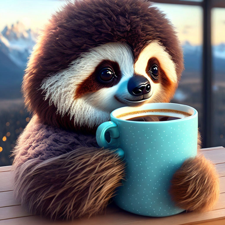 Animated sloth with blue polka-dotted mug in mountain landscape