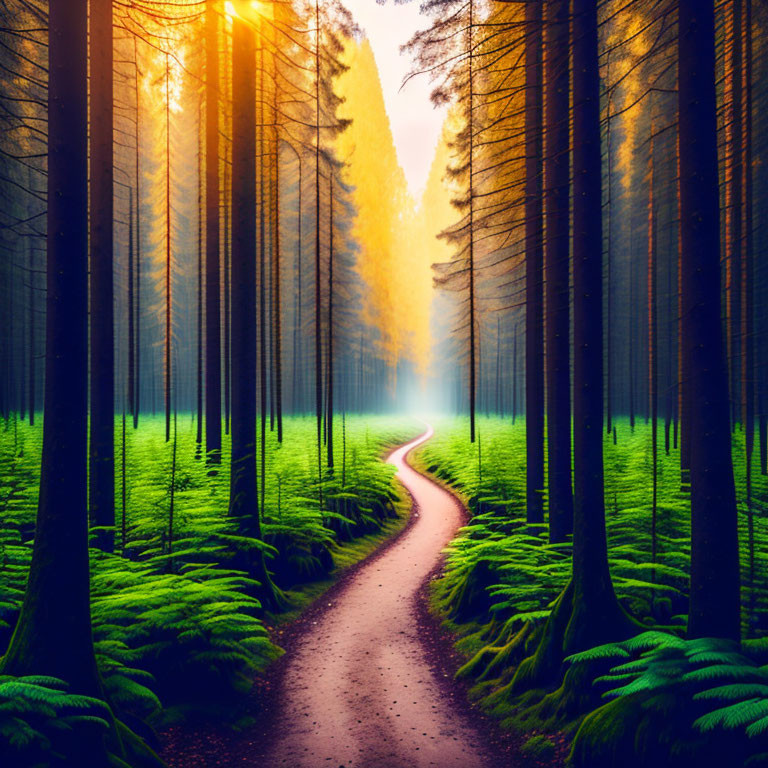 Scenic forest path with tall trees and green ferns