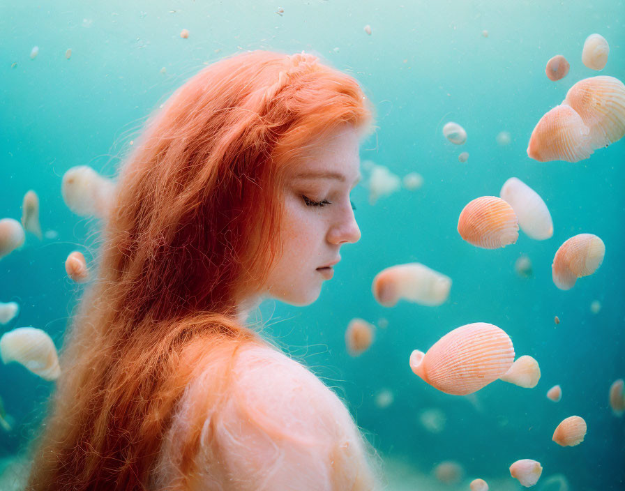 Red-haired woman underwater with small jellyfish in serene pose