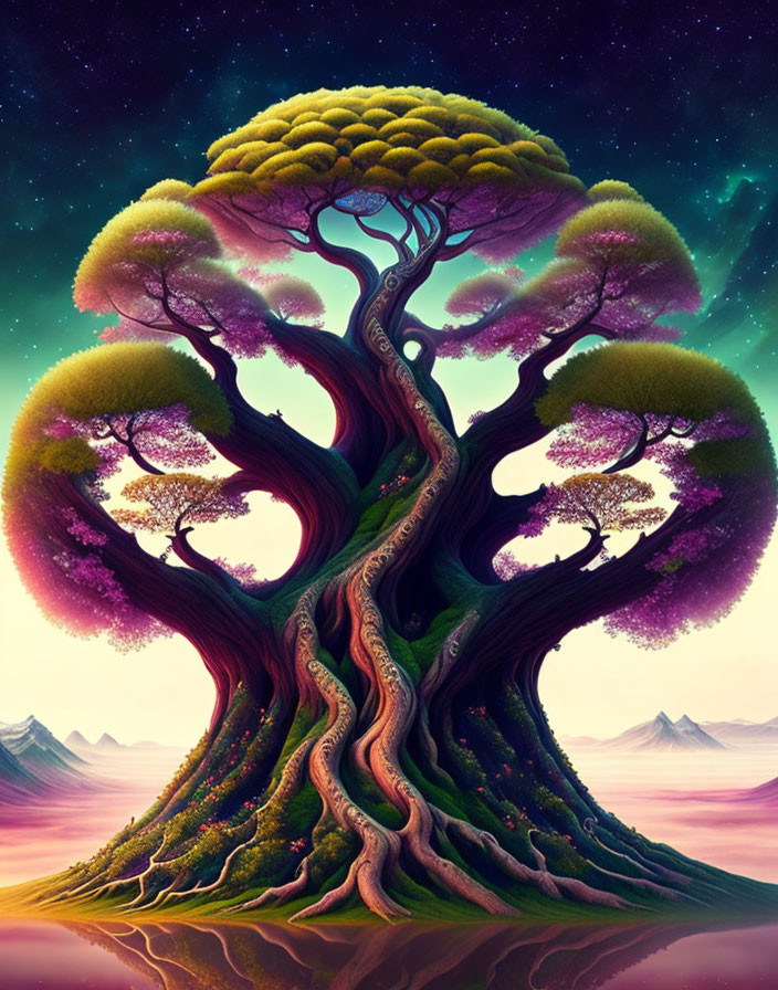 Colorful surreal illustration: grand tree, twisted roots, lush foliage, starry sky, mountainous