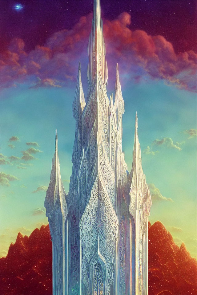 Crystal castle on rocky terrain under pastel sky with billowing clouds