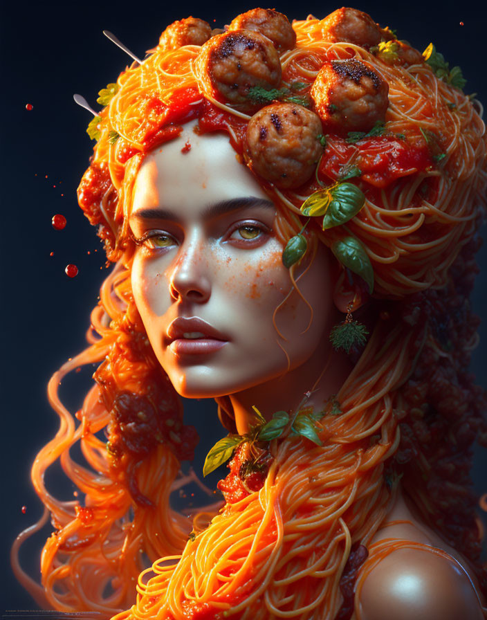 Surreal portrait of woman with spaghetti and meatballs hair